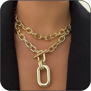 🆕 Women Gold Toggle Clasp Necklace Chunky Punk Layered Choker Simple Jewelry